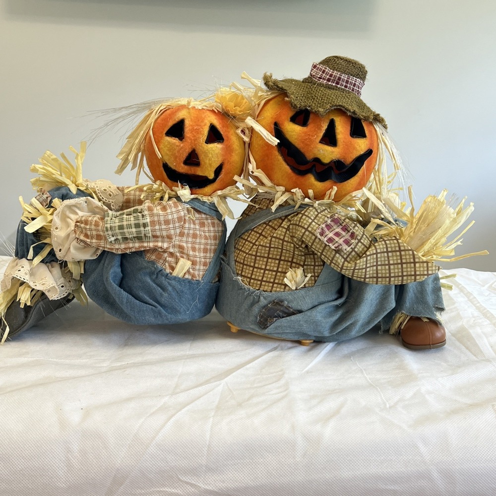 Vtg Gemmy Fiber Optic Lit Pumpkin Scarecrow Couple Halloween Fall Thanksgiving - Picture 3 of 14